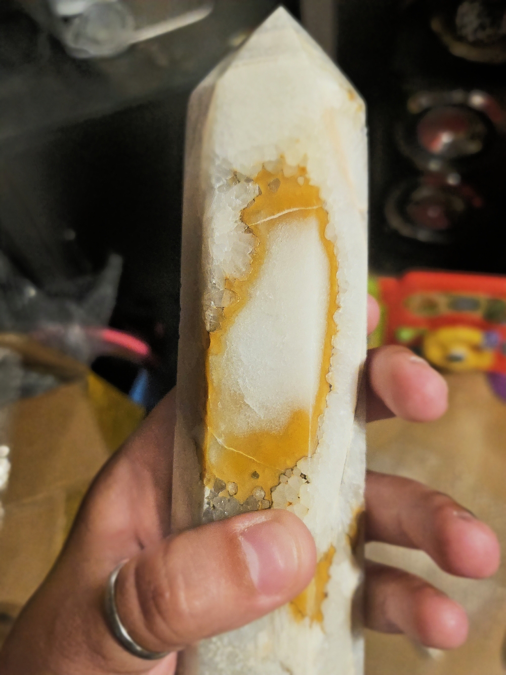 Natural Yellow Druzy Agate Tower
